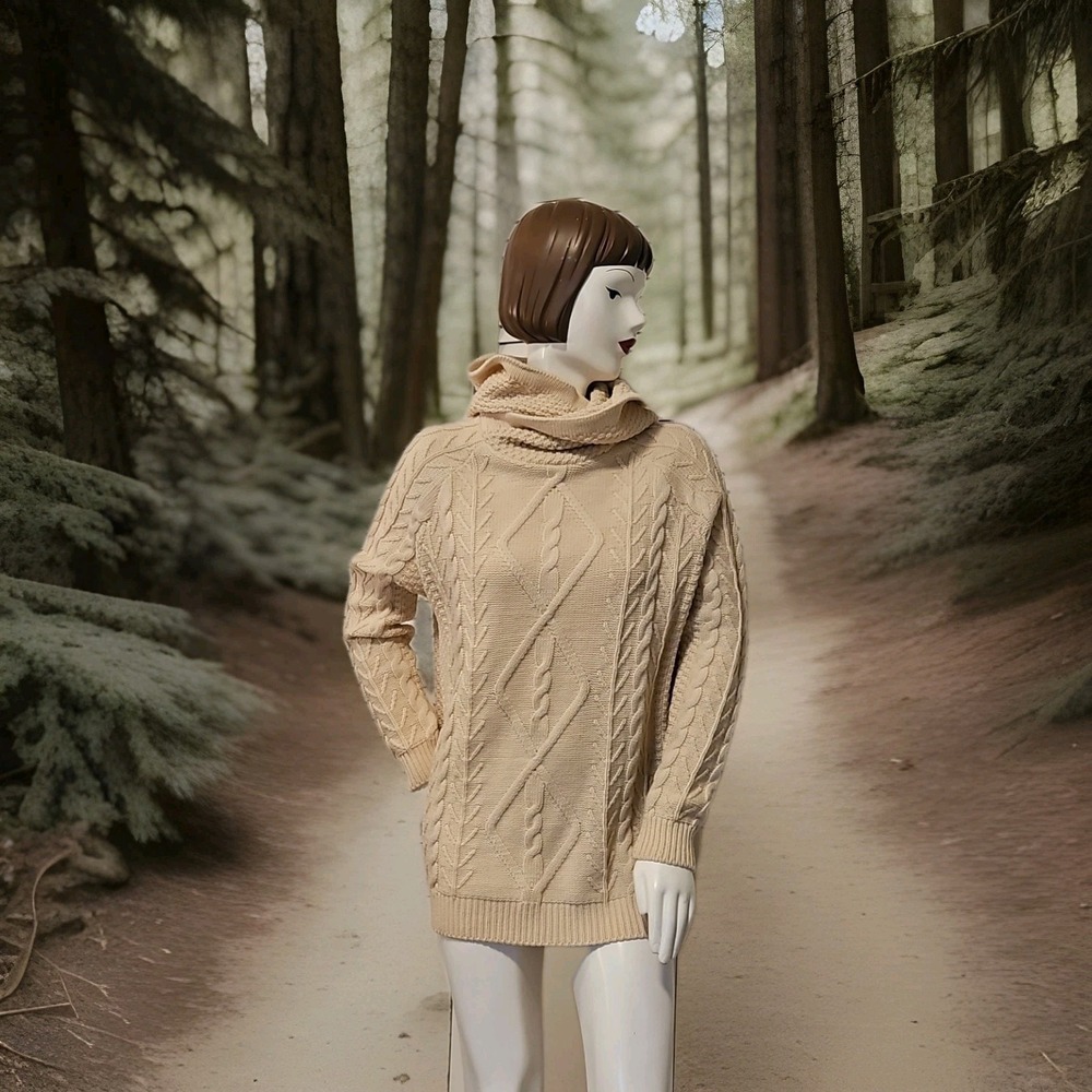 Blarney‎ Aran Merino Wool Chunky Cable Knit Hooded Cowel Sweater Womens Lg Cream